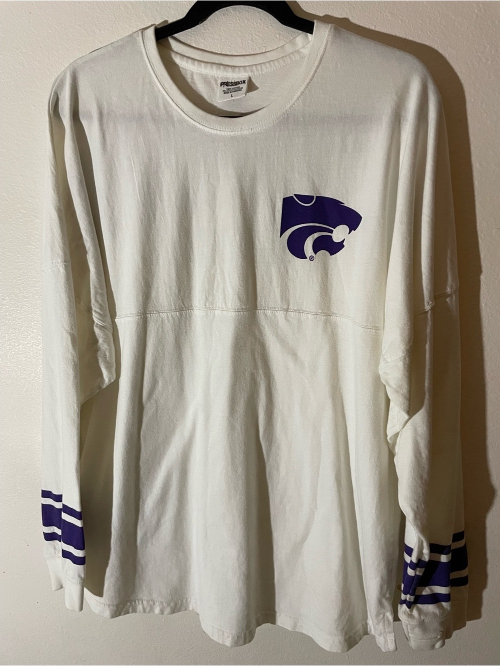 Pressbox White Long Sleeve Crewneck with Purple Logo and Sleeve Stripes